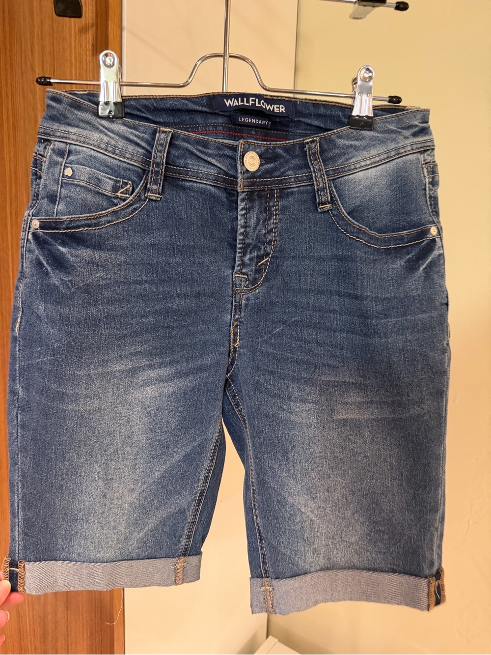 Wallflower Blue Denim Shorts with Red Topstitching